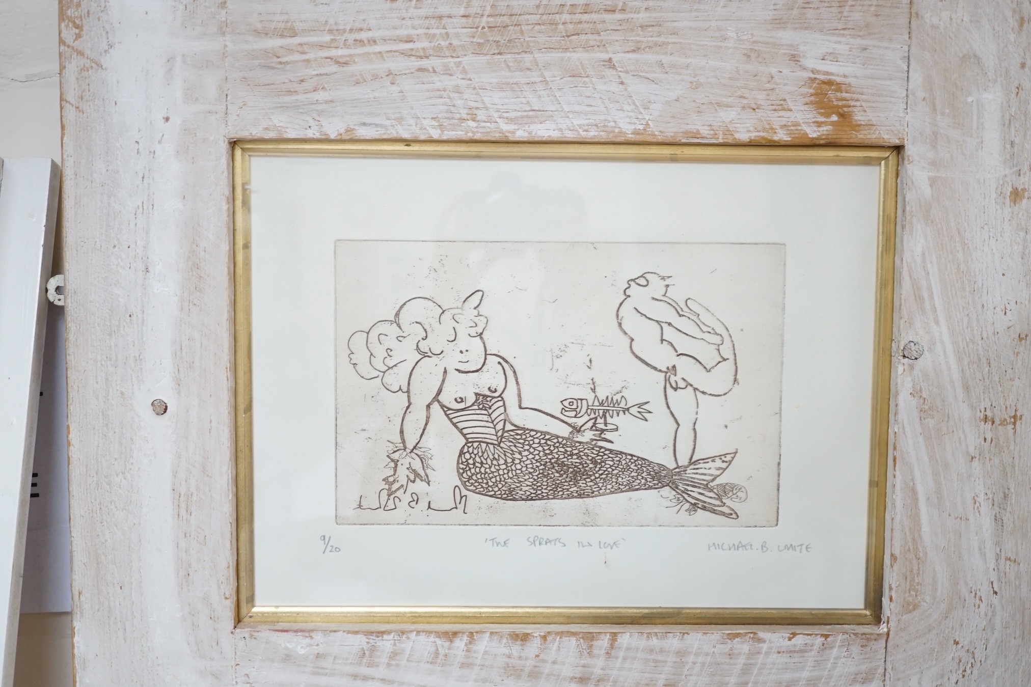 From the Studio of Fred Cuming. Michael B. White (Sussex artist), etching, 'Two Sprats In Love', signed in pencil, limited edition 9/20, 27 x 37cm. Condition - fair